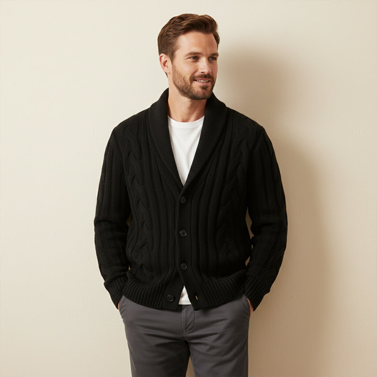 Axel | Men's Cable Knit Cardigan Black Shawl Collar Button Up