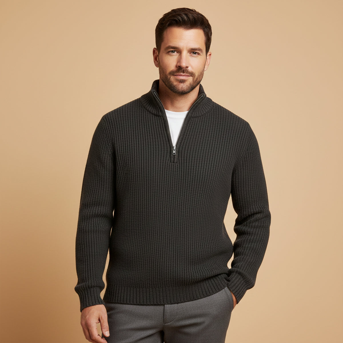 Callum | Men's Quarter Zip Sweater Blue Ribbed Knit