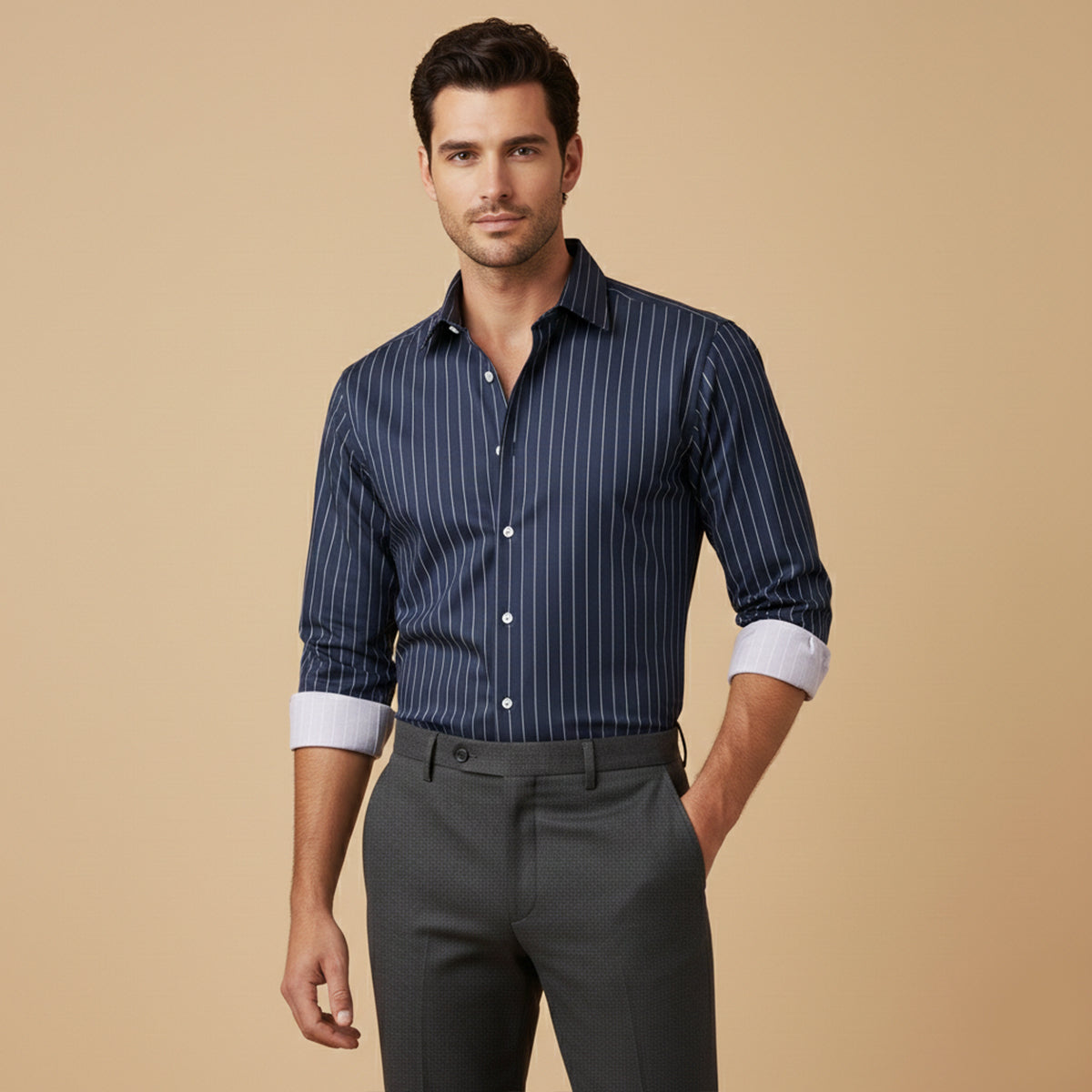 Blake | Men's Pinstripe Button Up Shirt Navy Long Sleeve
