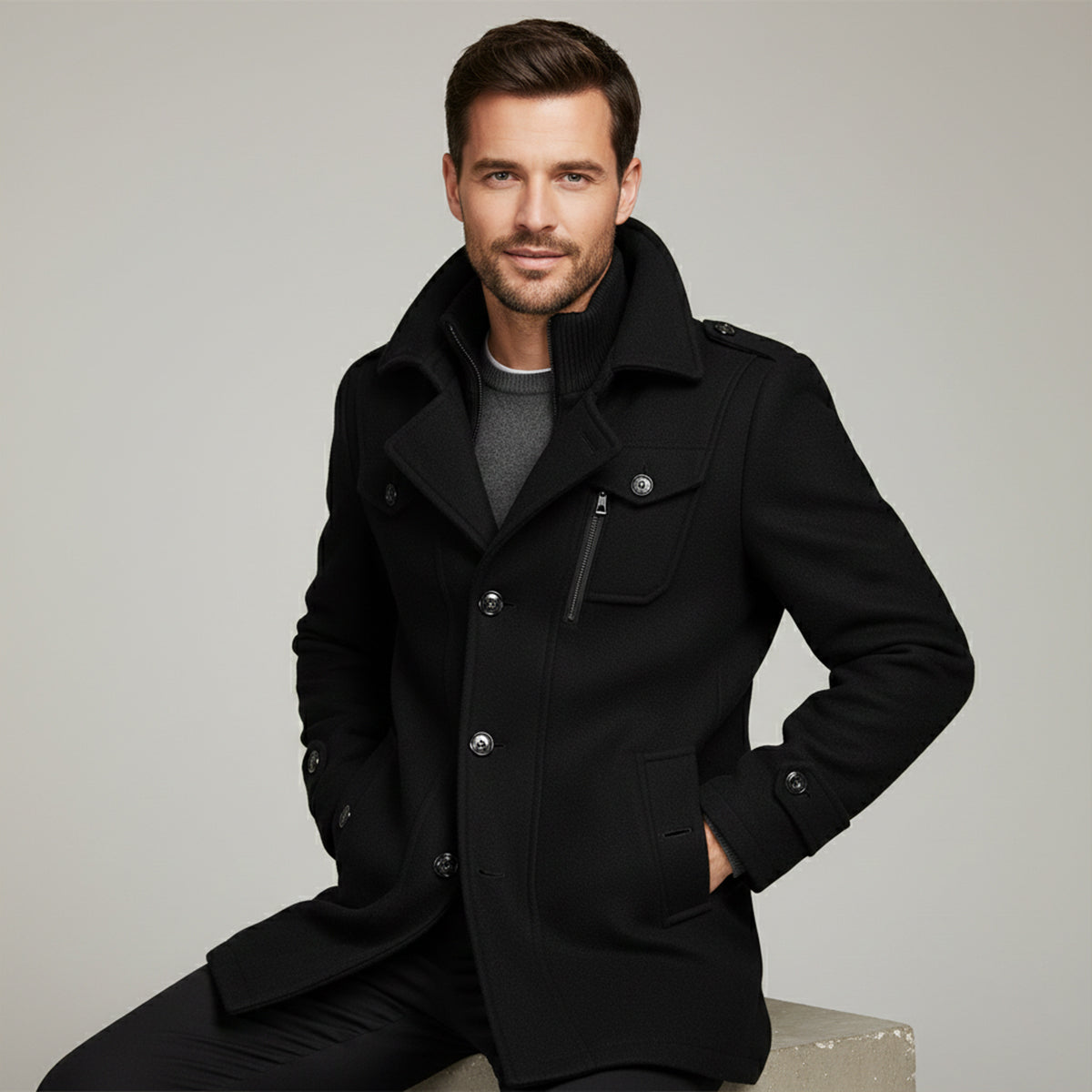 Voss | Men's Wool Blend Overcoat Black With Removable Collar