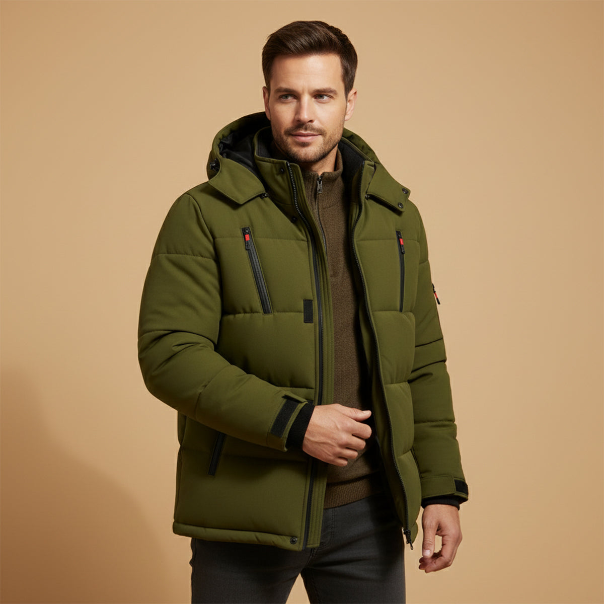 Reid | Men's Puffer Jacket Olive Hooded Winter Coat