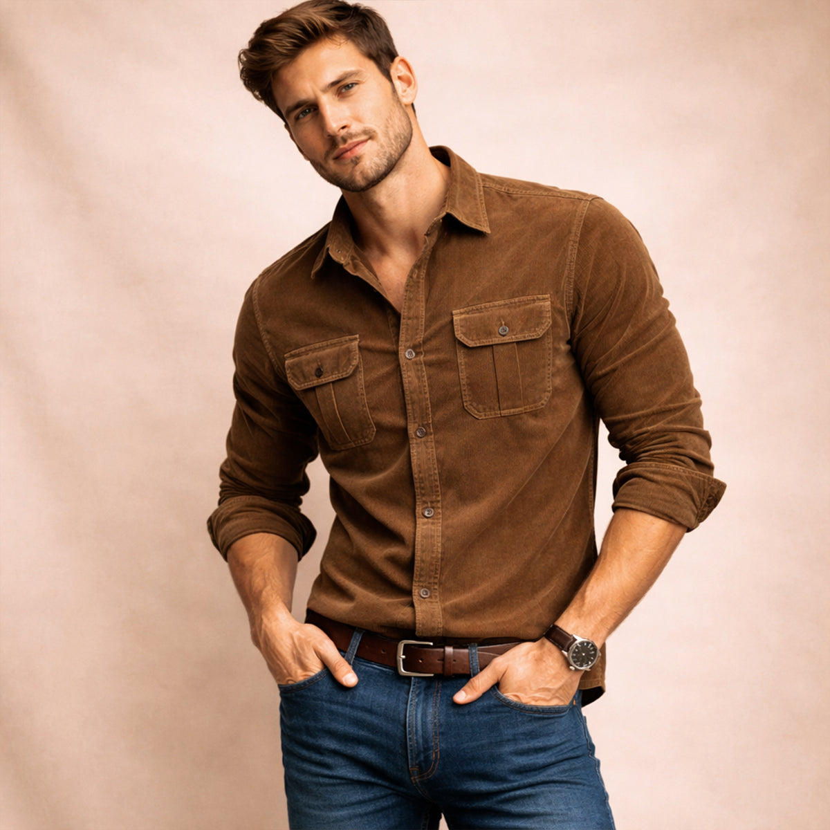 Axel | Men's Casual Corduroy Shirt Brown Long Sleeve