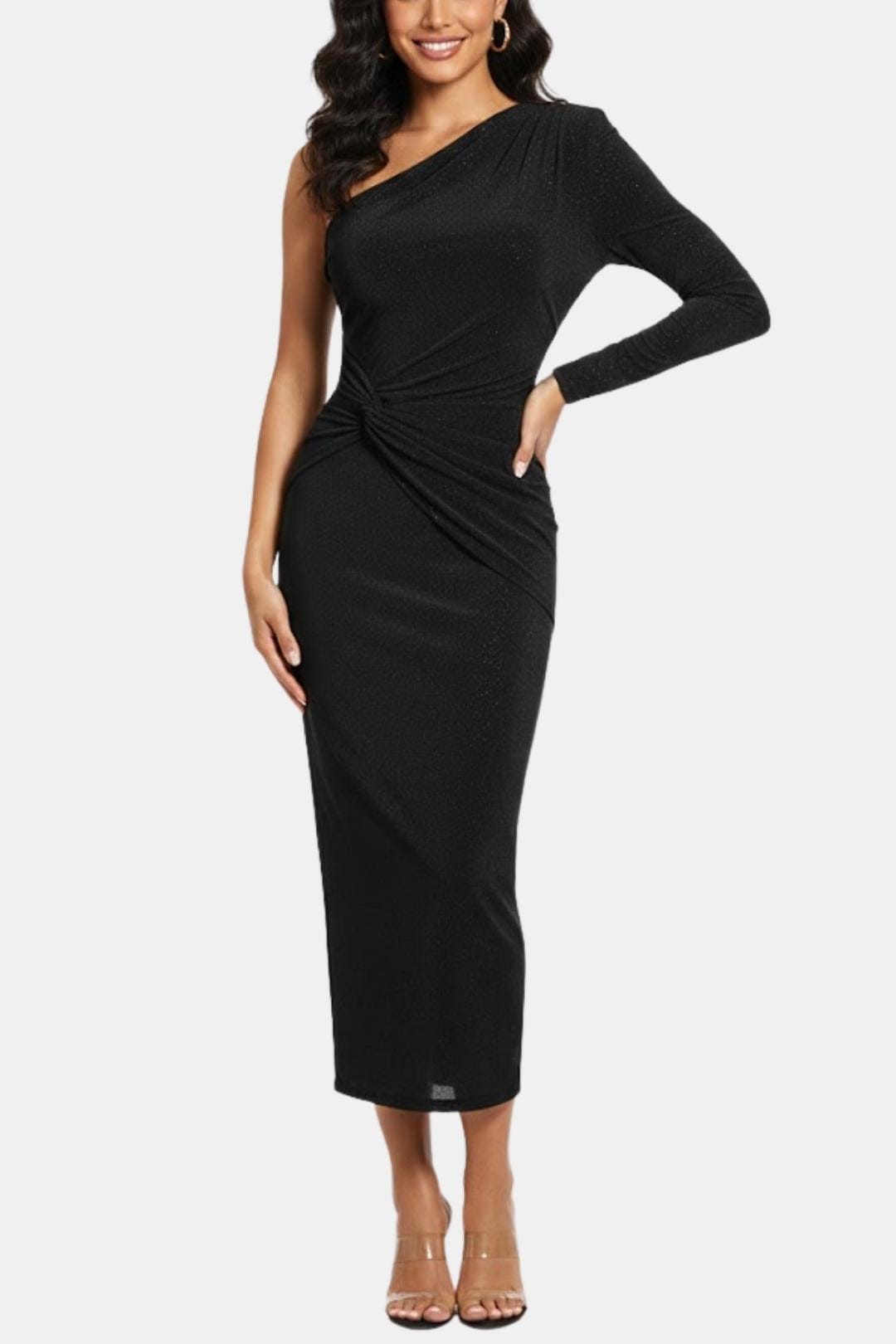 Vera | Women's One Shoulder Midi Dress Brown Ruched Long Sleeve