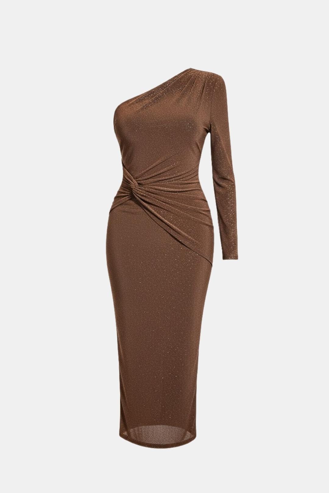 Vera | Women's One Shoulder Midi Dress Brown Ruched Long Sleeve