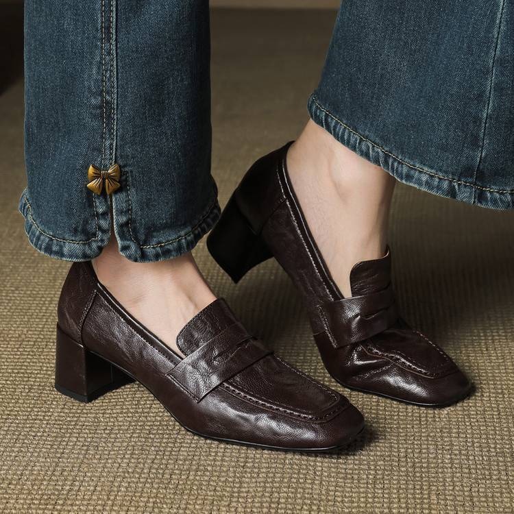 Camille | Women's Block Heel Loafers Burgundy Slip On