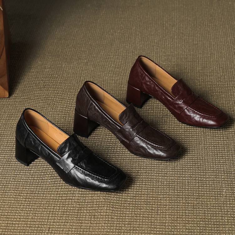 Camille | Women's Block Heel Loafers Burgundy Slip On