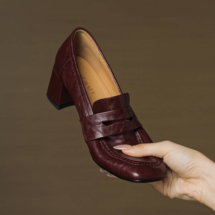 Camille | Women's Block Heel Loafers Burgundy Slip On