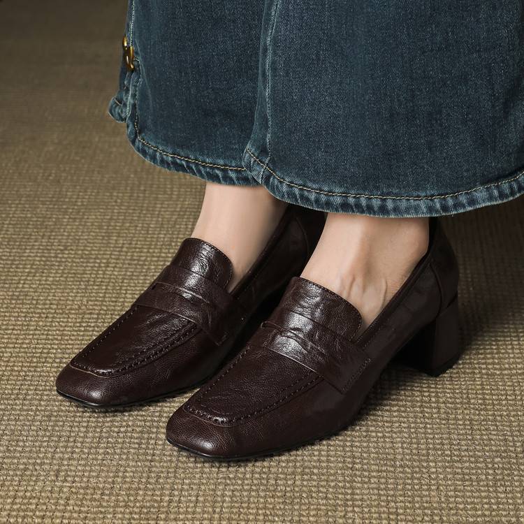 Camille | Women's Block Heel Loafers Burgundy Slip On