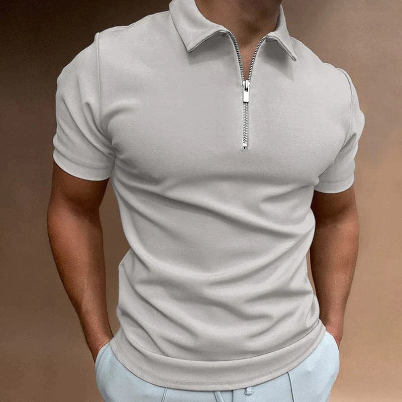 Axel | Men's Zip Polo Shirt White Cotton Short Sleeve