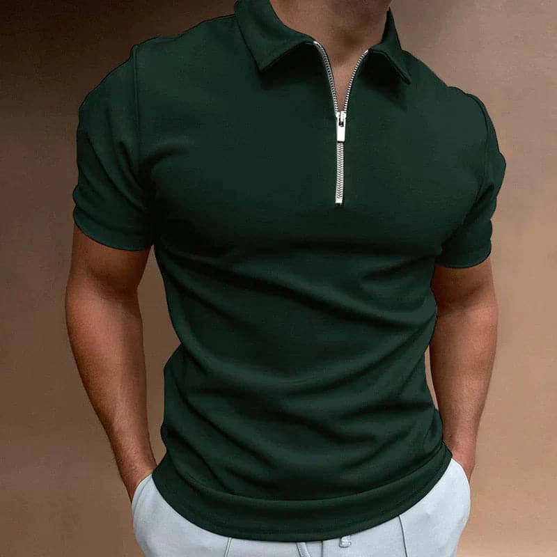 Axel | Men's Zip Polo Shirt White Cotton Short Sleeve