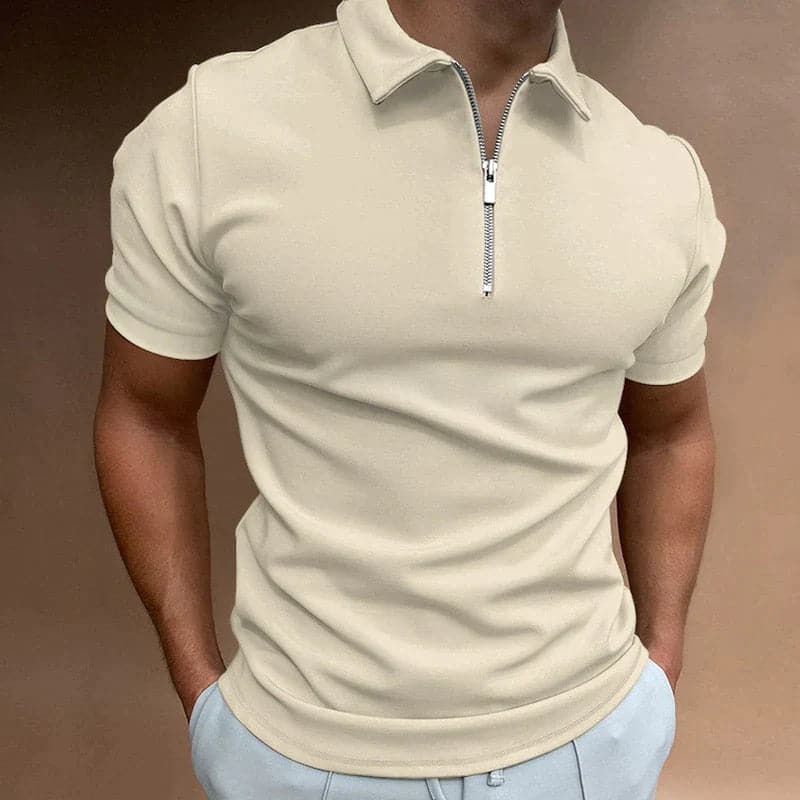 Axel | Men's Zip Polo Shirt White Cotton Short Sleeve