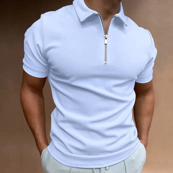 Axel | Men's Zip Polo Shirt White Cotton Short Sleeve