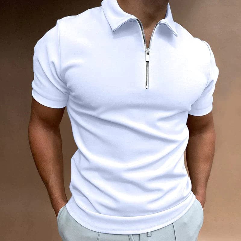 Axel | Men's Zip Polo Shirt White Cotton Short Sleeve