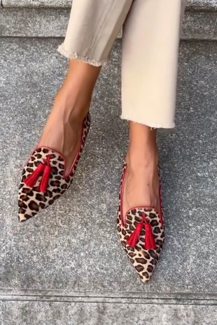 Camille | Women's Leopard Print Loafers Red Tassel Detail