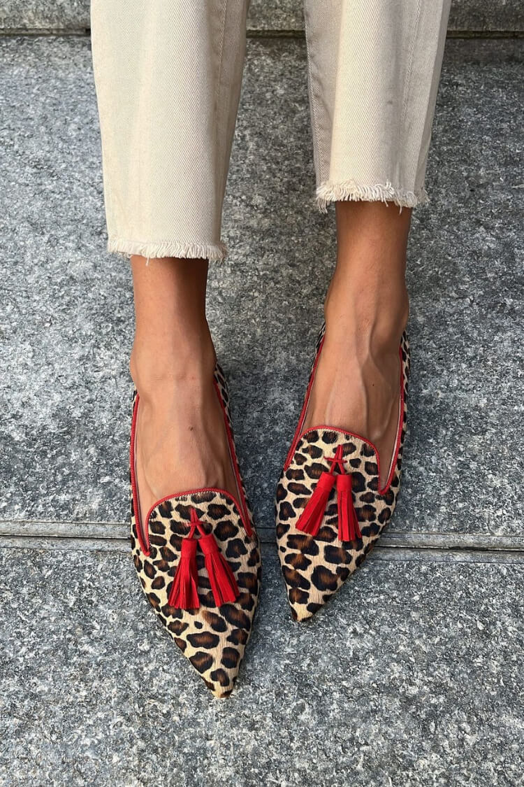 Camille | Women's Leopard Print Loafers Red Tassel Detail