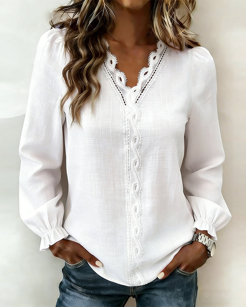 Elise | Women's Puff Sleeve Lace Blouse White V Neck