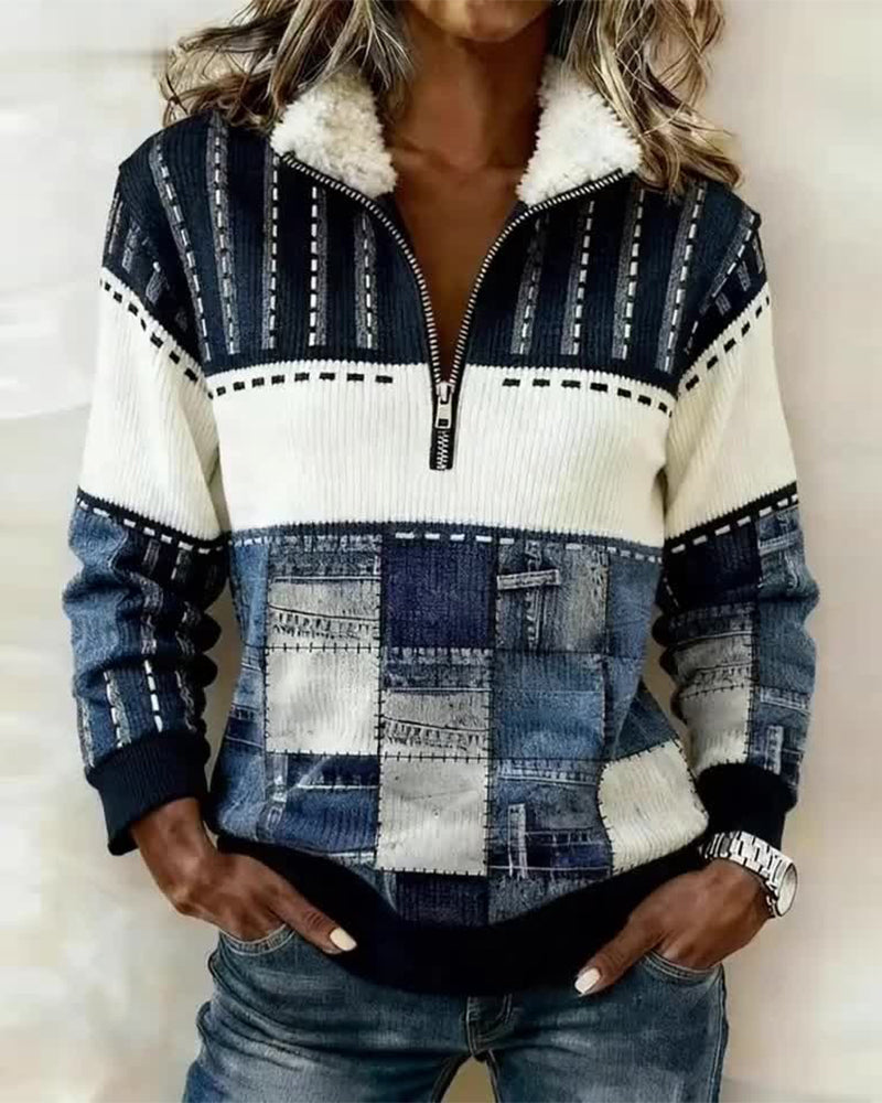 Maren | Women's Color Block Quarter Zip Sweater Cream Navy