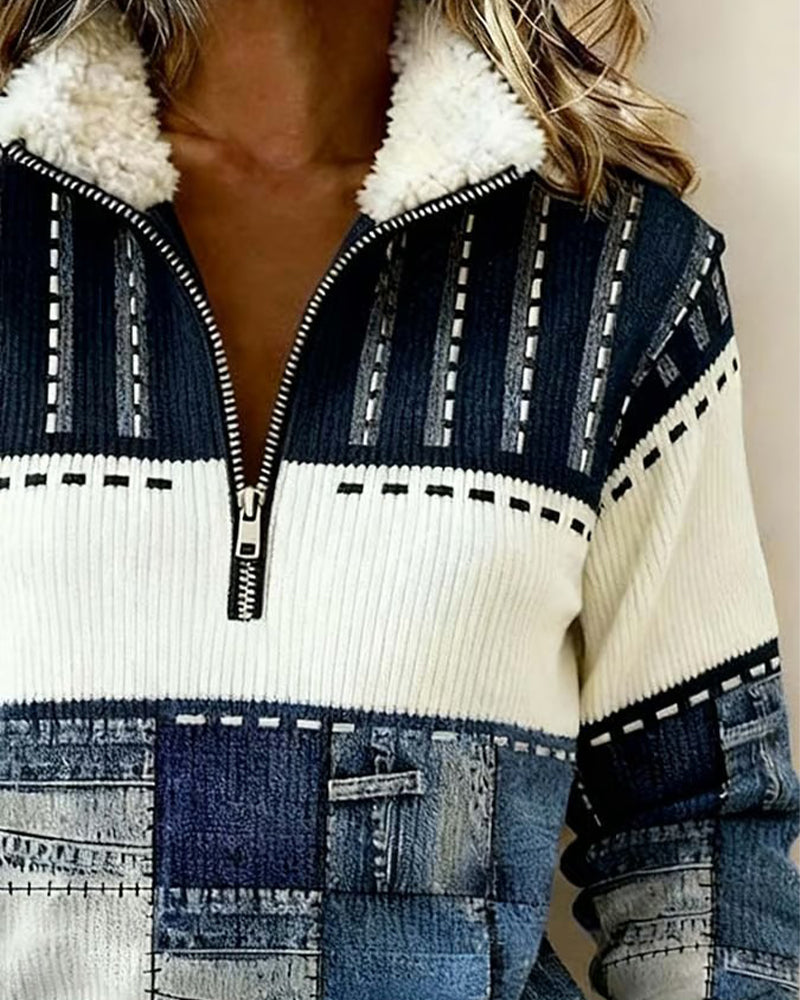 Maren | Women's Color Block Quarter Zip Sweater Cream Navy
