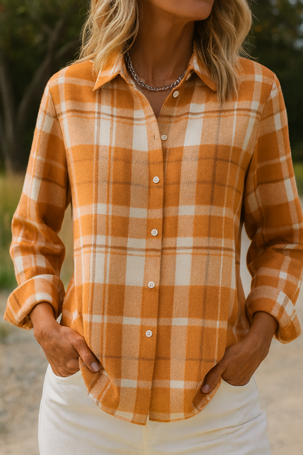 Maeve | Women's Plaid Button Down Shirt Blue Orange