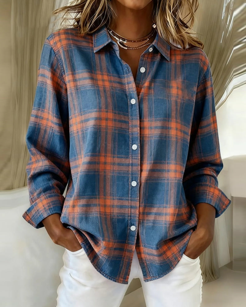 Maeve | Women's Plaid Button Down Shirt Blue Orange