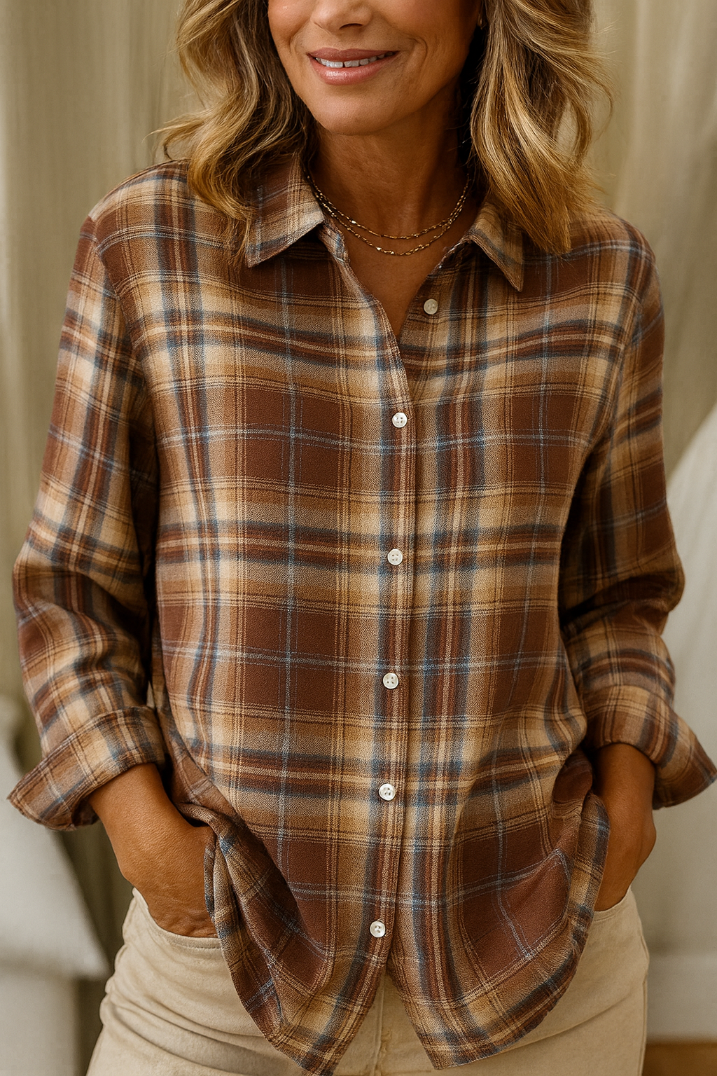 Maeve | Women's Plaid Button Down Shirt Blue Orange