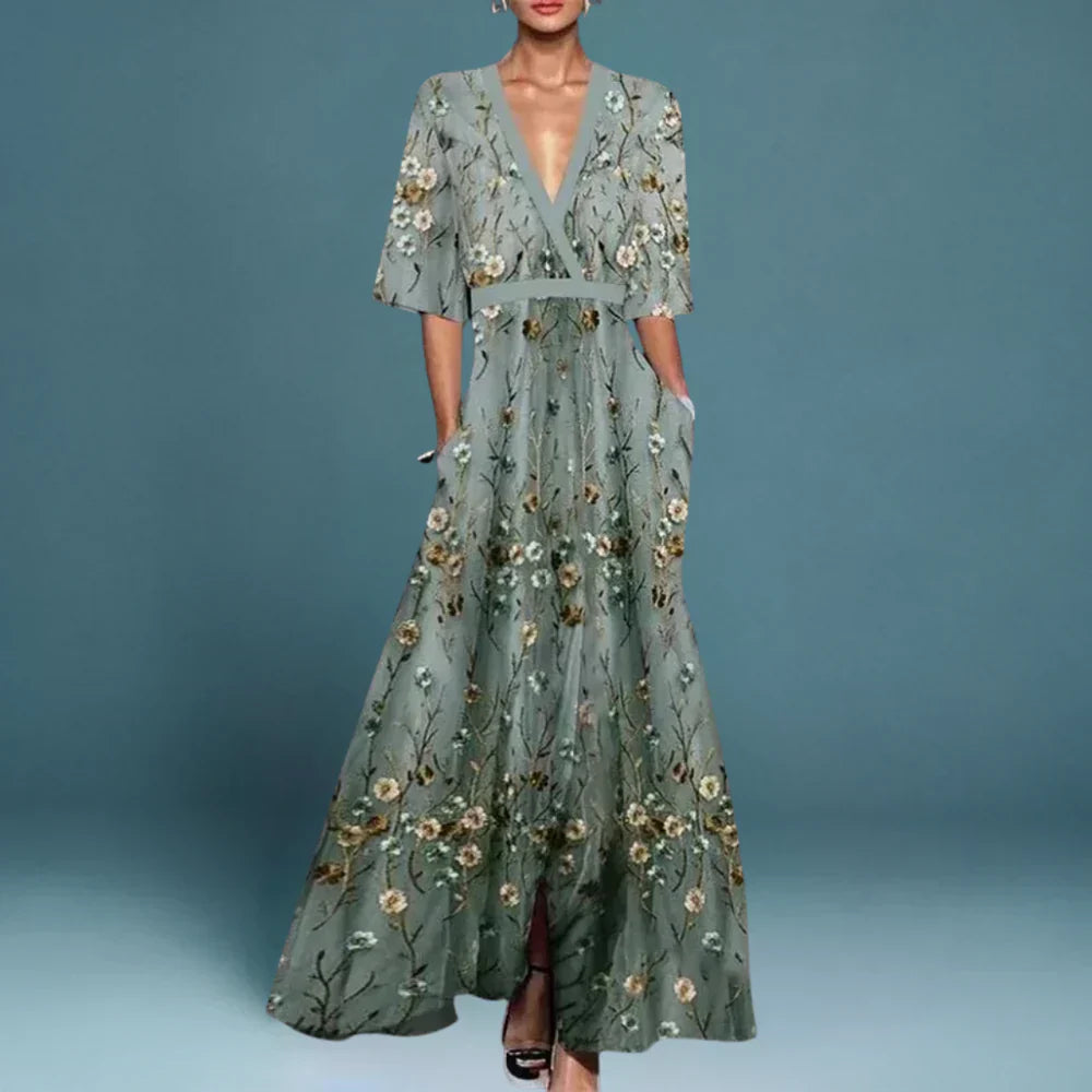 Luisa | Women's Floral Maxi Dress Sage Green Half Sleeve