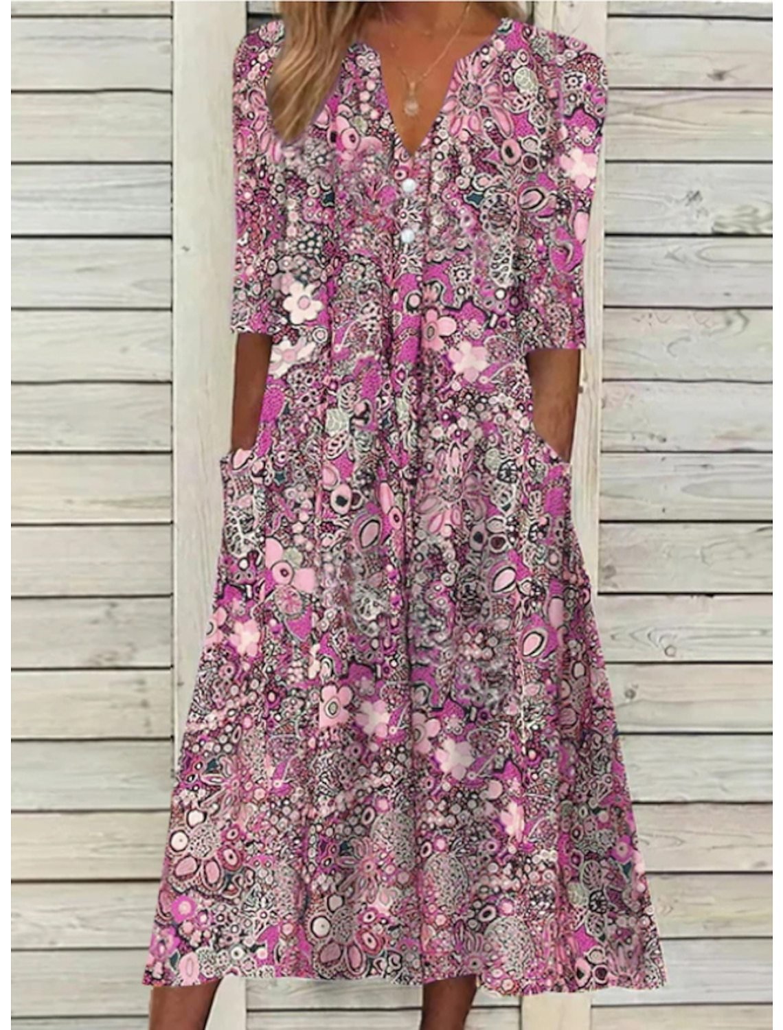 Nina | Women's Floral Midi Dress V Neck Three Quarter Sleeve