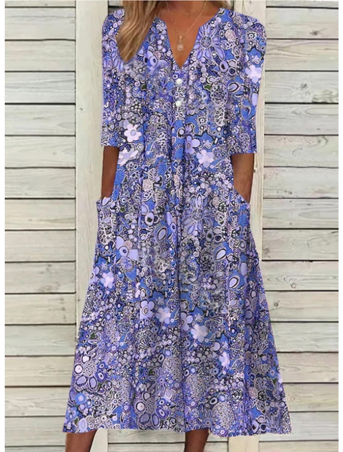 Nina | Women's Floral Midi Dress V Neck Three Quarter Sleeve