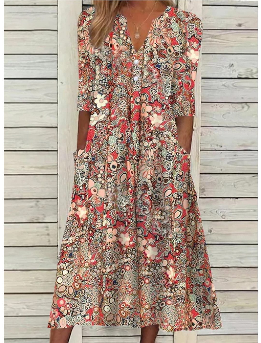 Nina | Women's Floral Midi Dress V Neck Three Quarter Sleeve