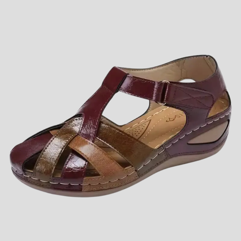 Maeve | Women's Comfort Wedge Sandals Brown Burgundy Straps