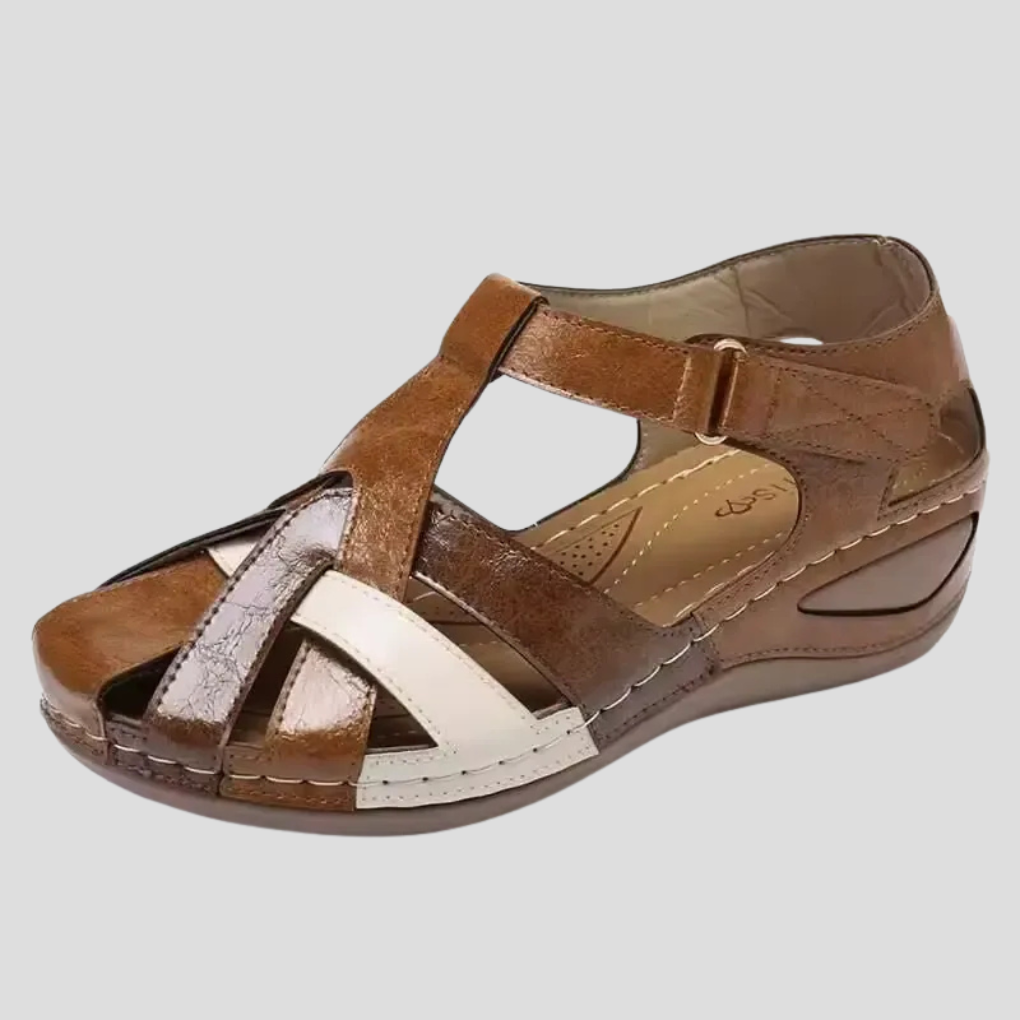 Maeve | Women's Comfort Wedge Sandals Brown Burgundy Straps