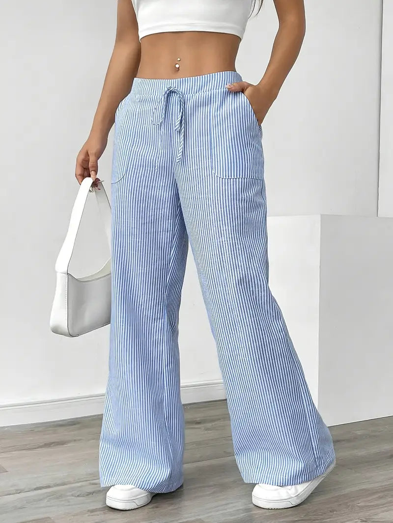Demi | Women's Wide Leg Striped Pants Cream High Waisted