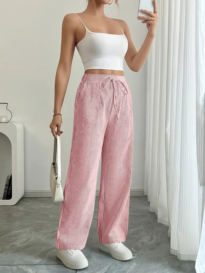 Demi | Women's Wide Leg Striped Pants Cream High Waisted