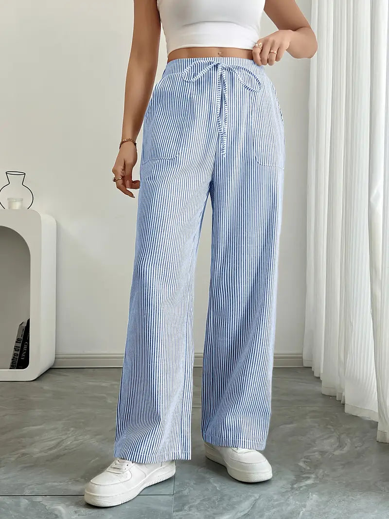 Demi | Women's Wide Leg Striped Pants Cream High Waisted
