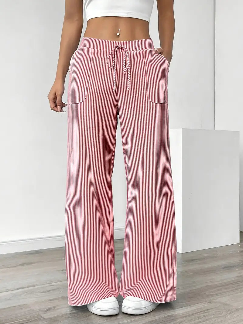 Demi | Women's Wide Leg Striped Pants Cream High Waisted
