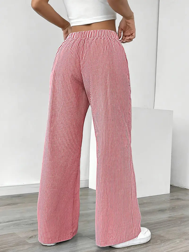 Demi | Women's Wide Leg Striped Pants Cream High Waisted