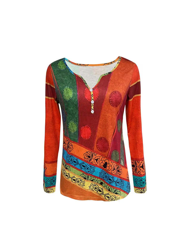 Wren | Women's Boho Patchwork Long Sleeve Top Red Multi