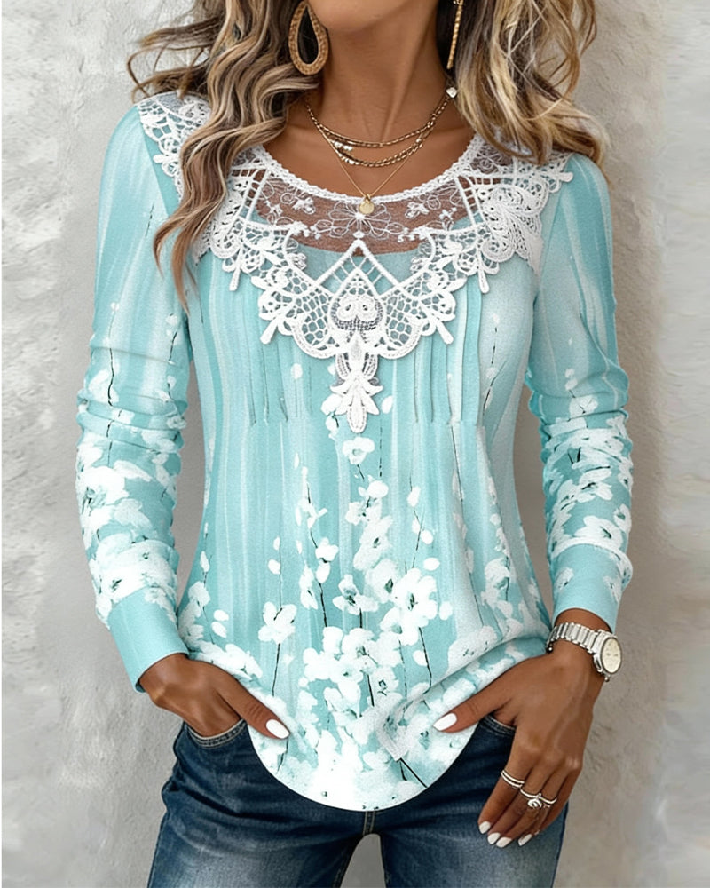 Isla | Women's Lace Long Sleeve Top Light Blue Floral Print
