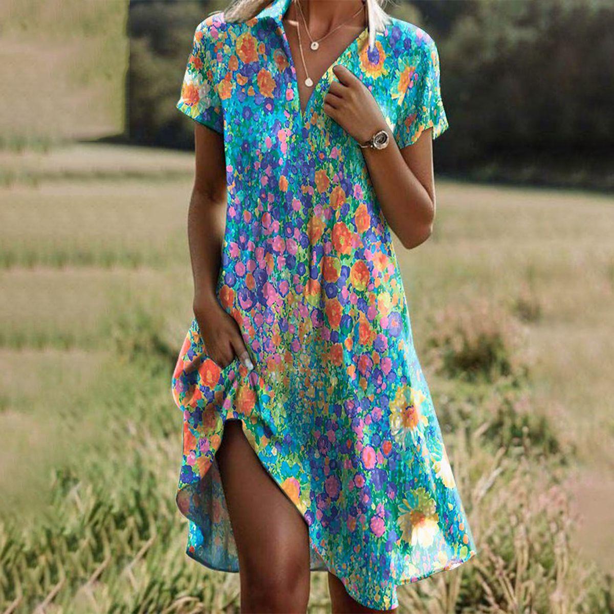 Ivy | Women's Floral Midi Dress Short Sleeve Turquoise