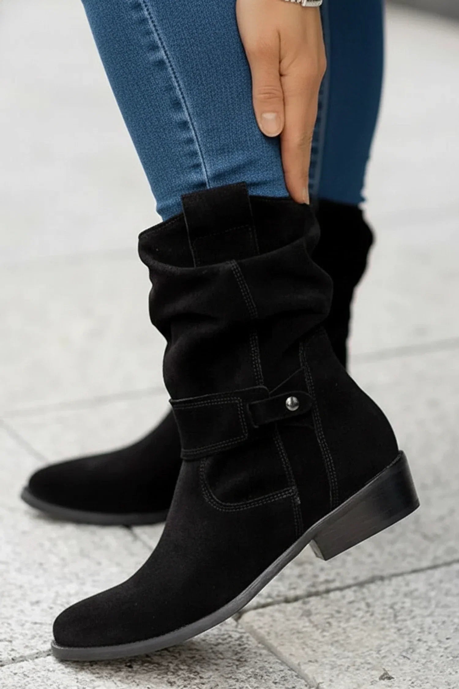 Stella | Women's Suede Slouch Ankle Boots Cream Buckle Strap