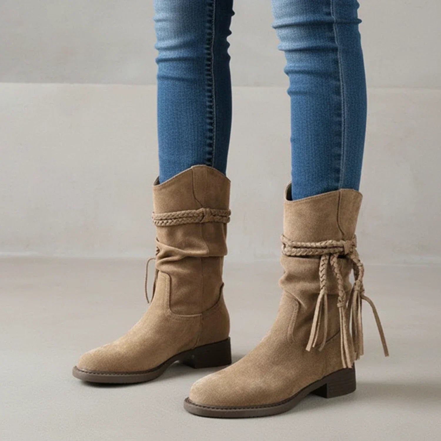 Bea | Women's Slouch Mid Calf Boots Brown Suede Fringe
