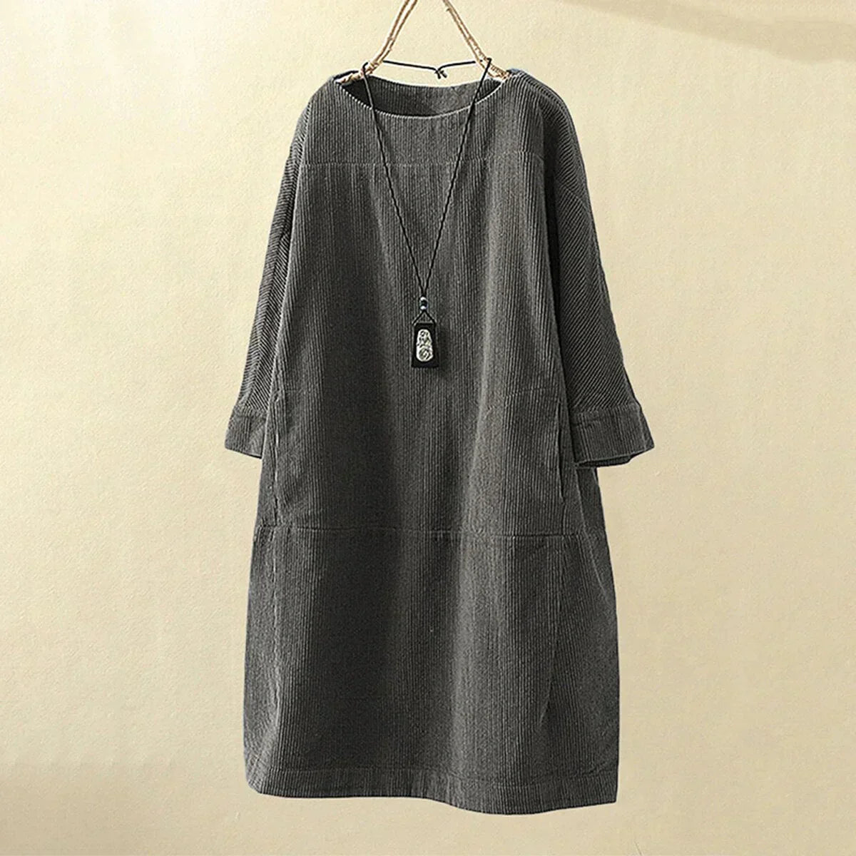 Luisa | Women's Casual Corduroy Midi Dress Brown Long Sleeve