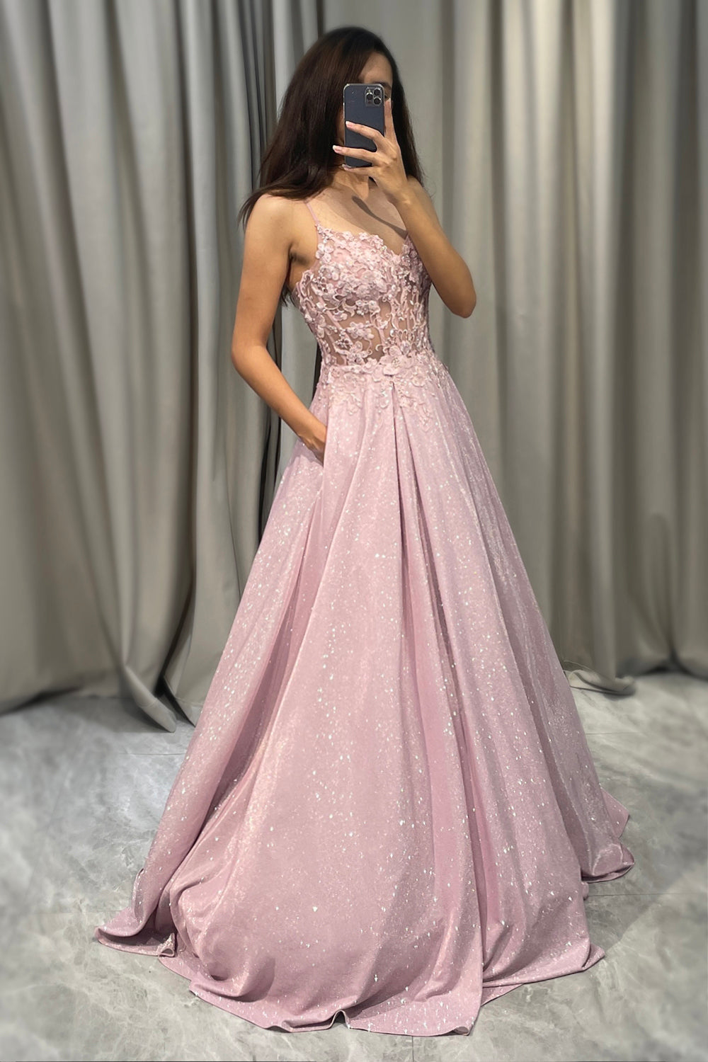 Elise | Women's Sequin Maxi Dress Pink Beaded Bodice