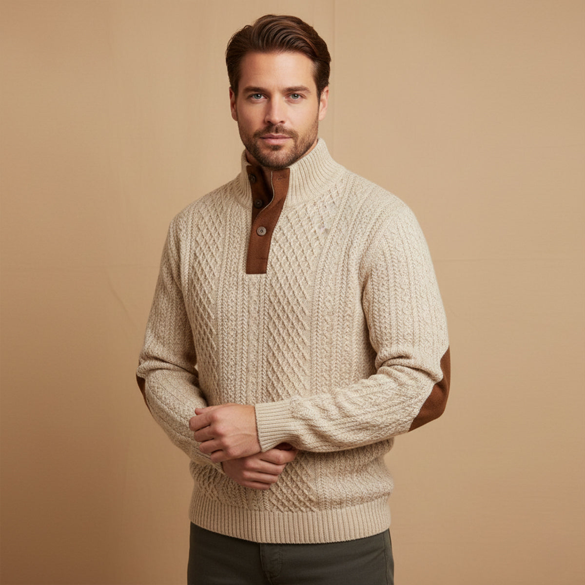 Rue | Men's Cable Knit Quarter Zip Sweater Gray Brown Elbow Patch