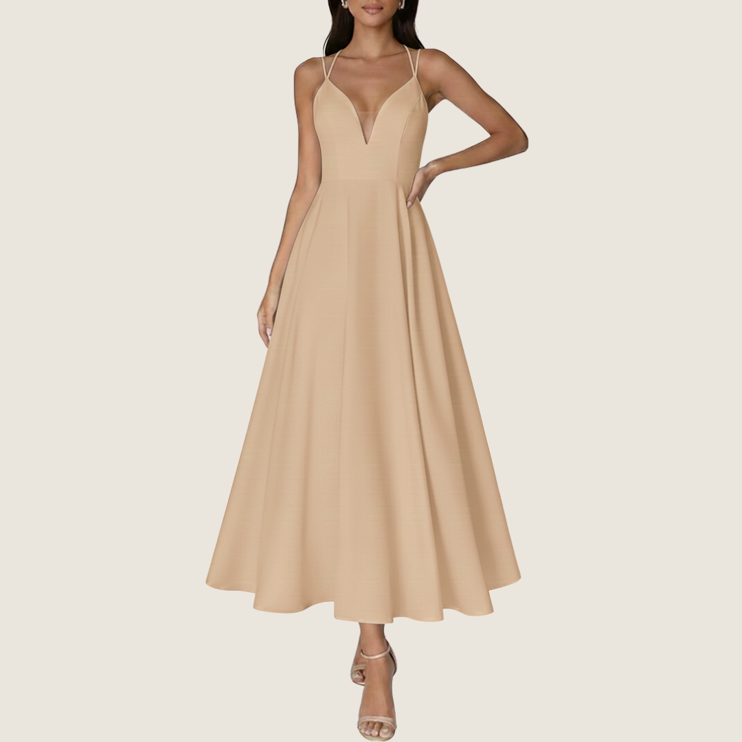 Vera | Women's V Neck Midi Dress White Halter Strap