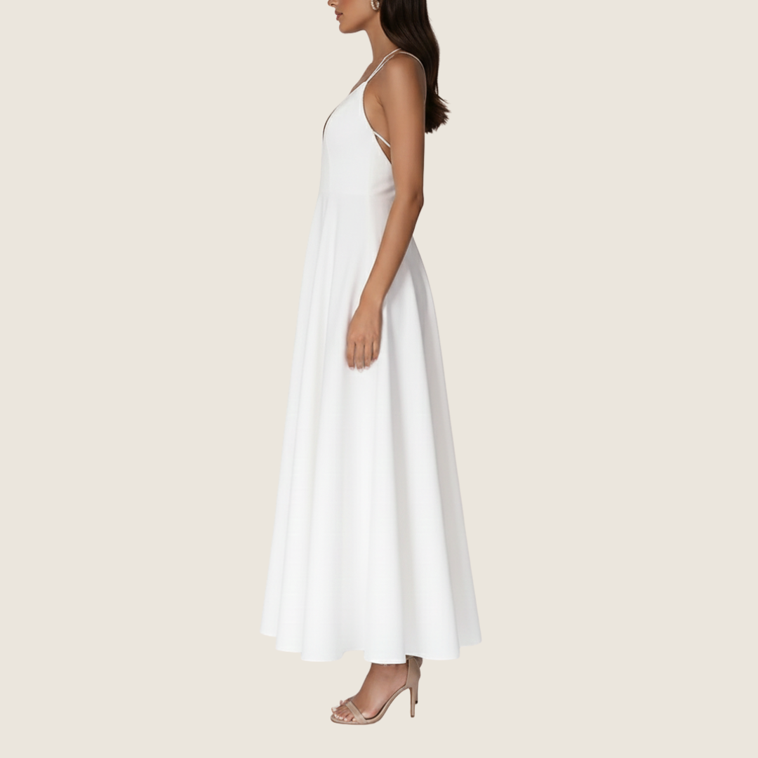 Vera | Women's V Neck Midi Dress White Halter Strap