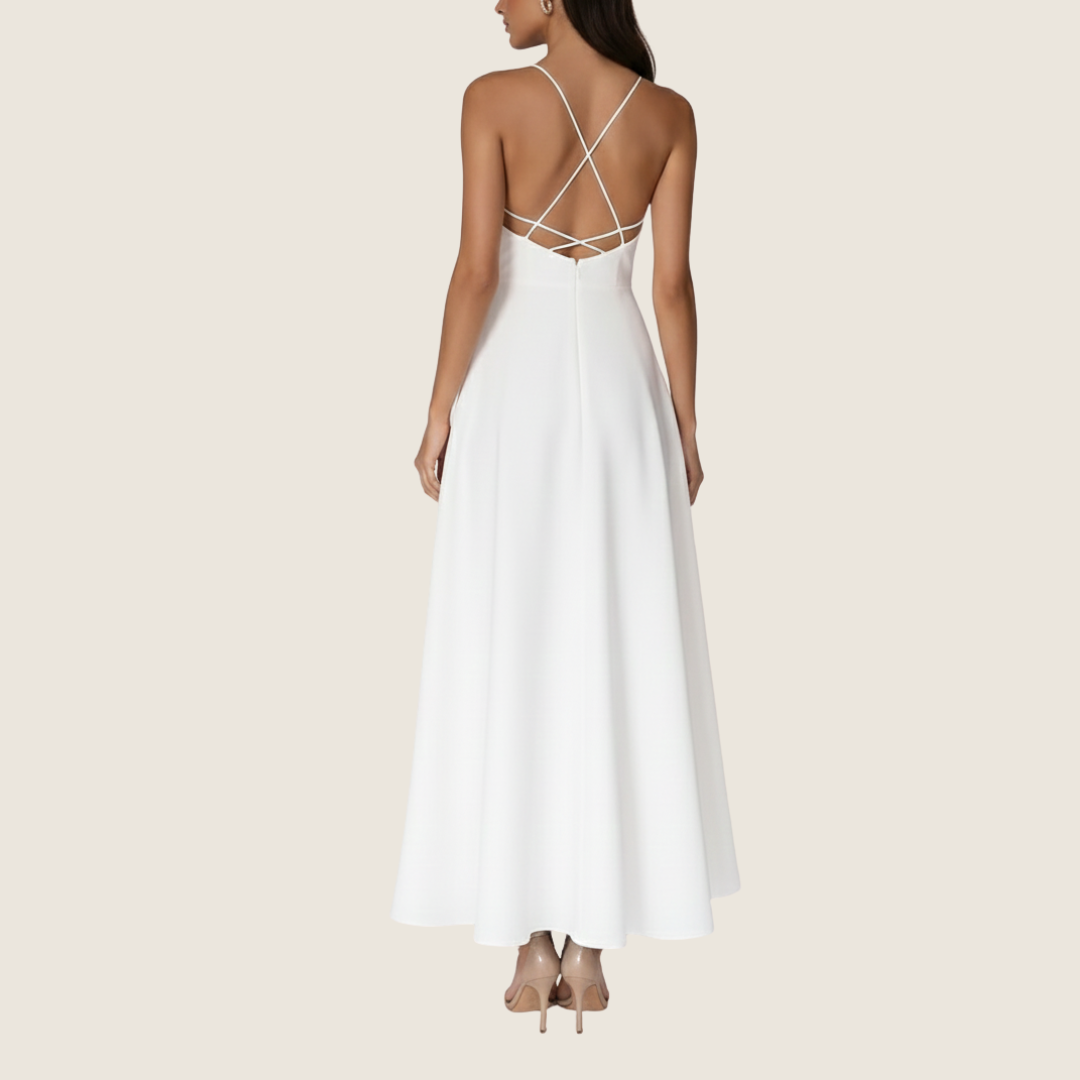 Vera | Women's V Neck Midi Dress White Halter Strap