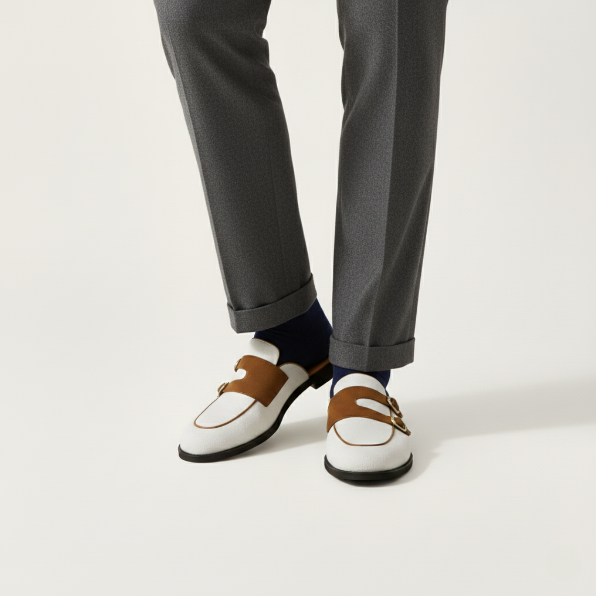 Marco | Men's Slip On Loafer White Canvas Brown Buckle