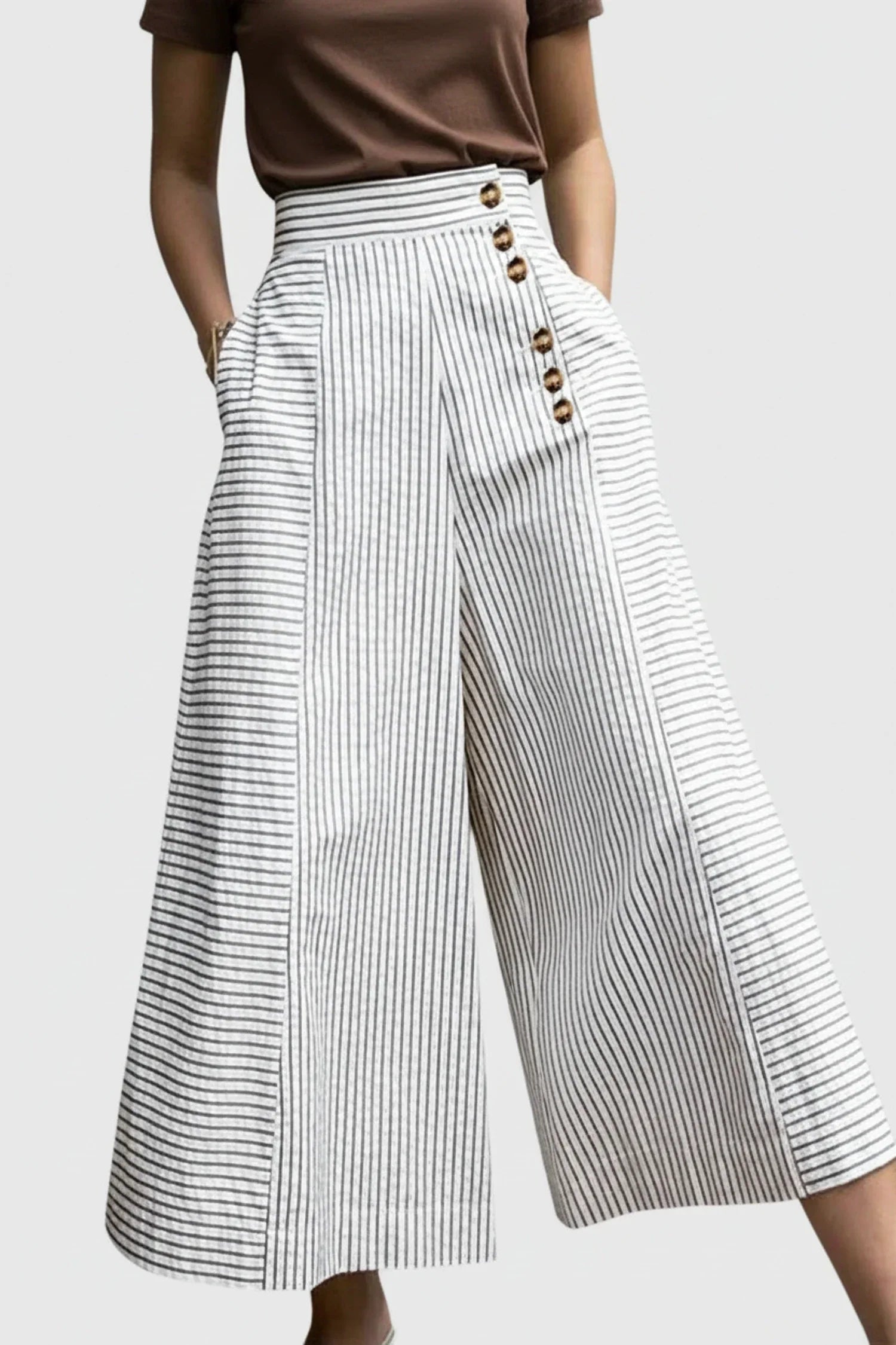 Margot | Women's High Waisted Pleated Pants White Striped