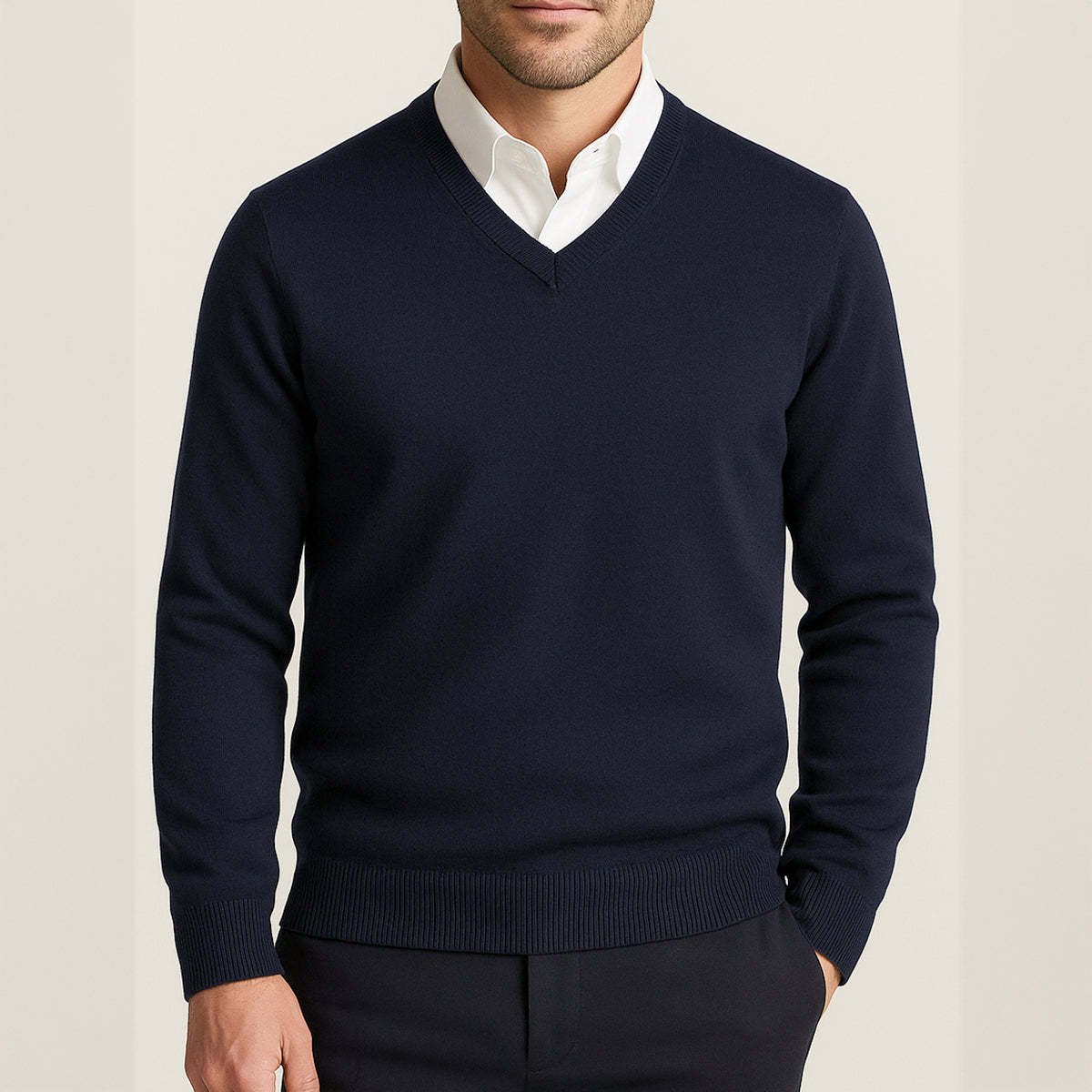 Arlo | Men's V Neck Sweater Beige Crew Neck Knit